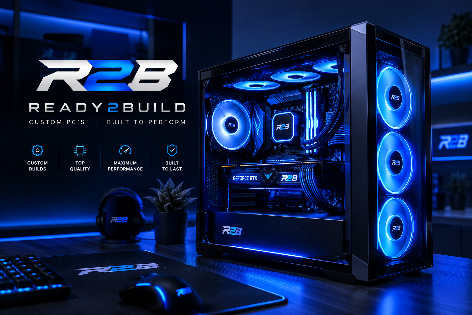 Ready2Build PC — custom gaming PC met blauwe RGB-verlichting